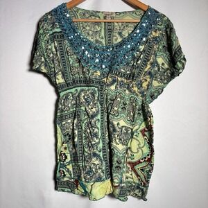 One World Top Womens Large Boho Tunic Sequins Flowy Artsy Fairy Babydoll Empire